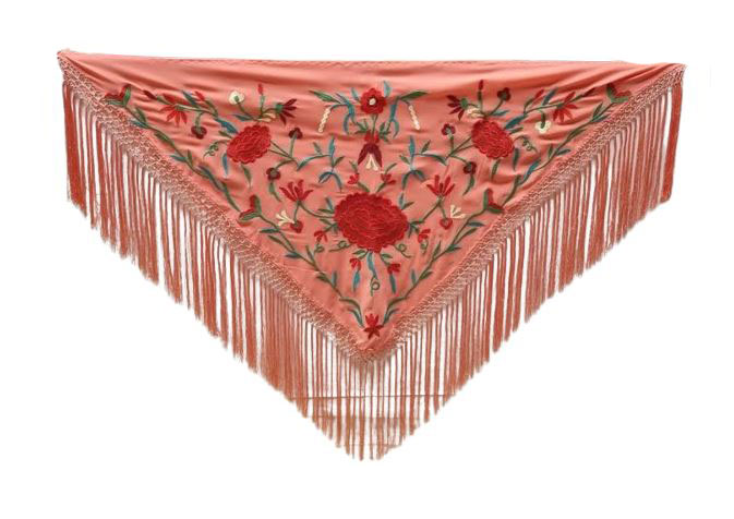 Coral Flamenco Shawl Embroidered with Red Roses
